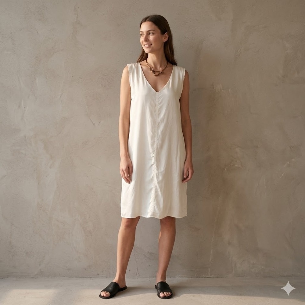 Kristensen DU NORD Shift Dress White Size IT 3 / US 10 Silk Cotton V-Neck Italy‎